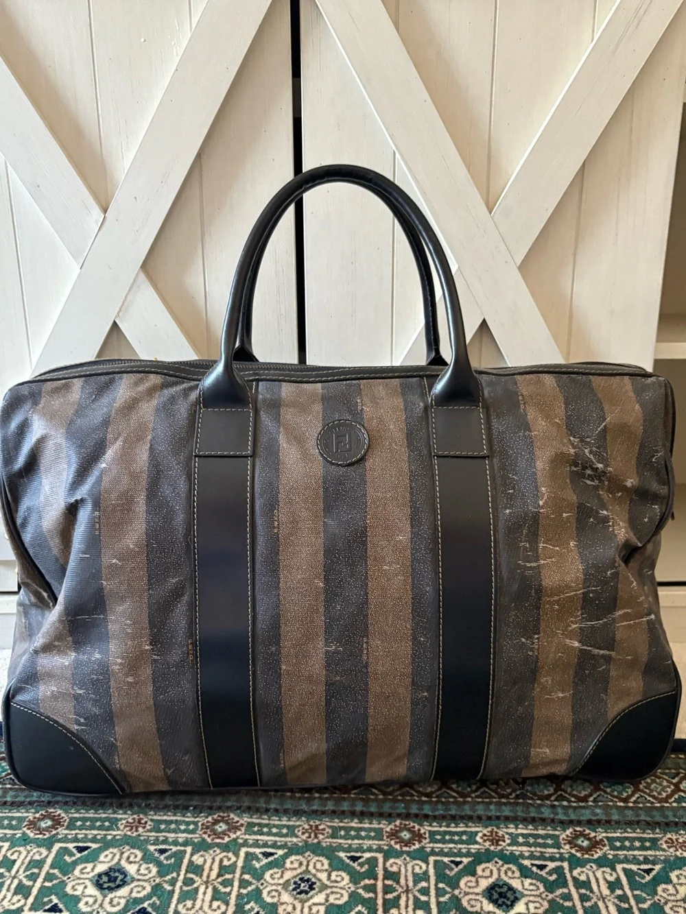 Fendi Striped Pequin Canvas /w Black Leather Duffel Bag